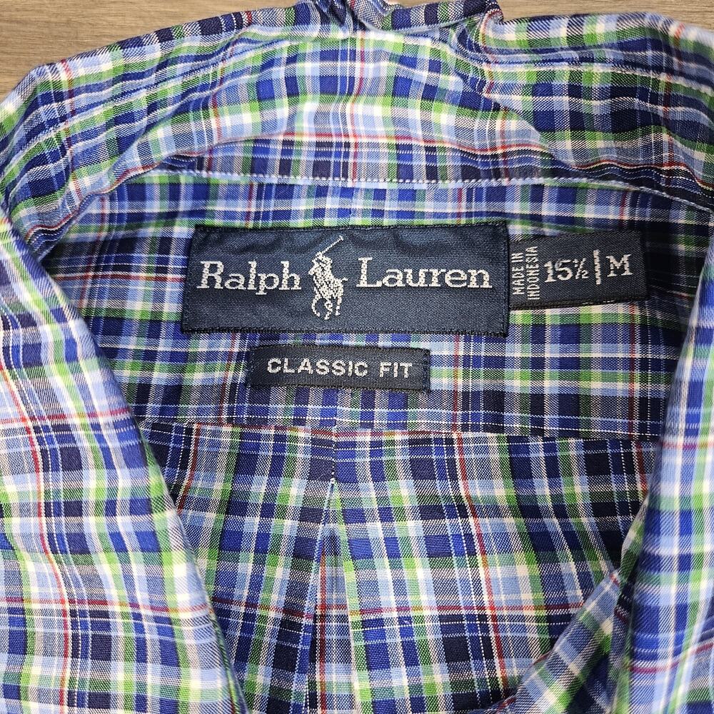 Ralph Lauren Green Blue Plaid Classic Button Down Shirt Mens M 15.5 LS Red Pony - Picture 2 of 5
